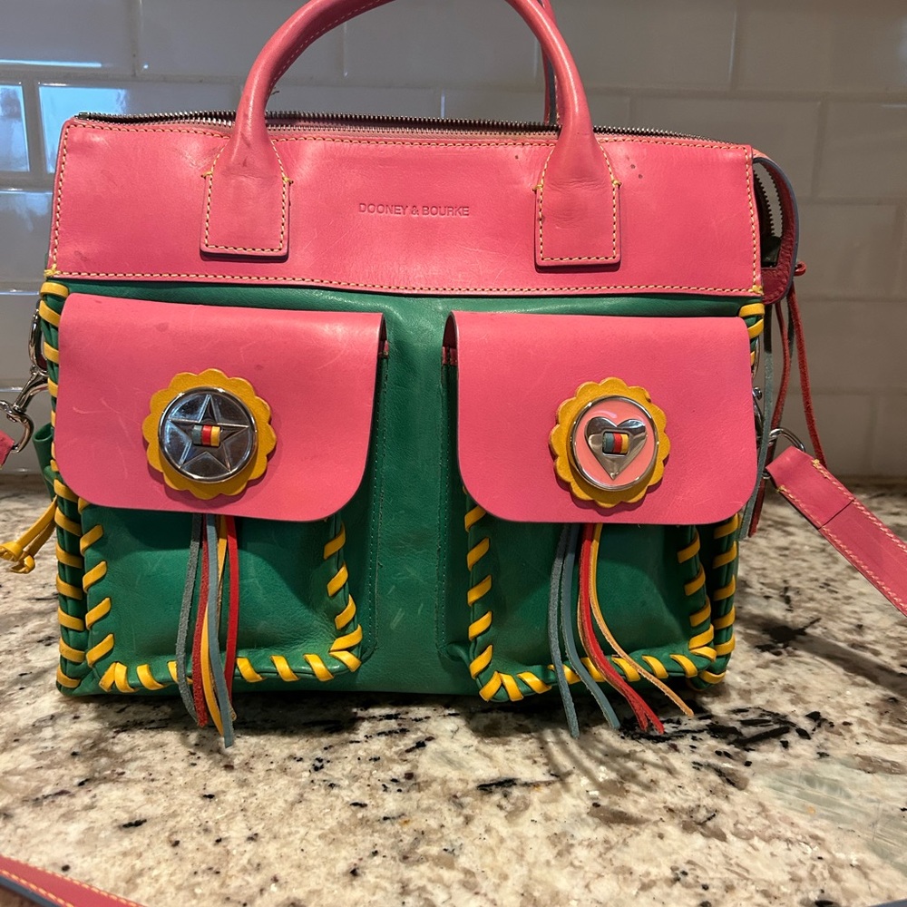 Dooney & Bourke Pink and Green Satchel with Fringe Details